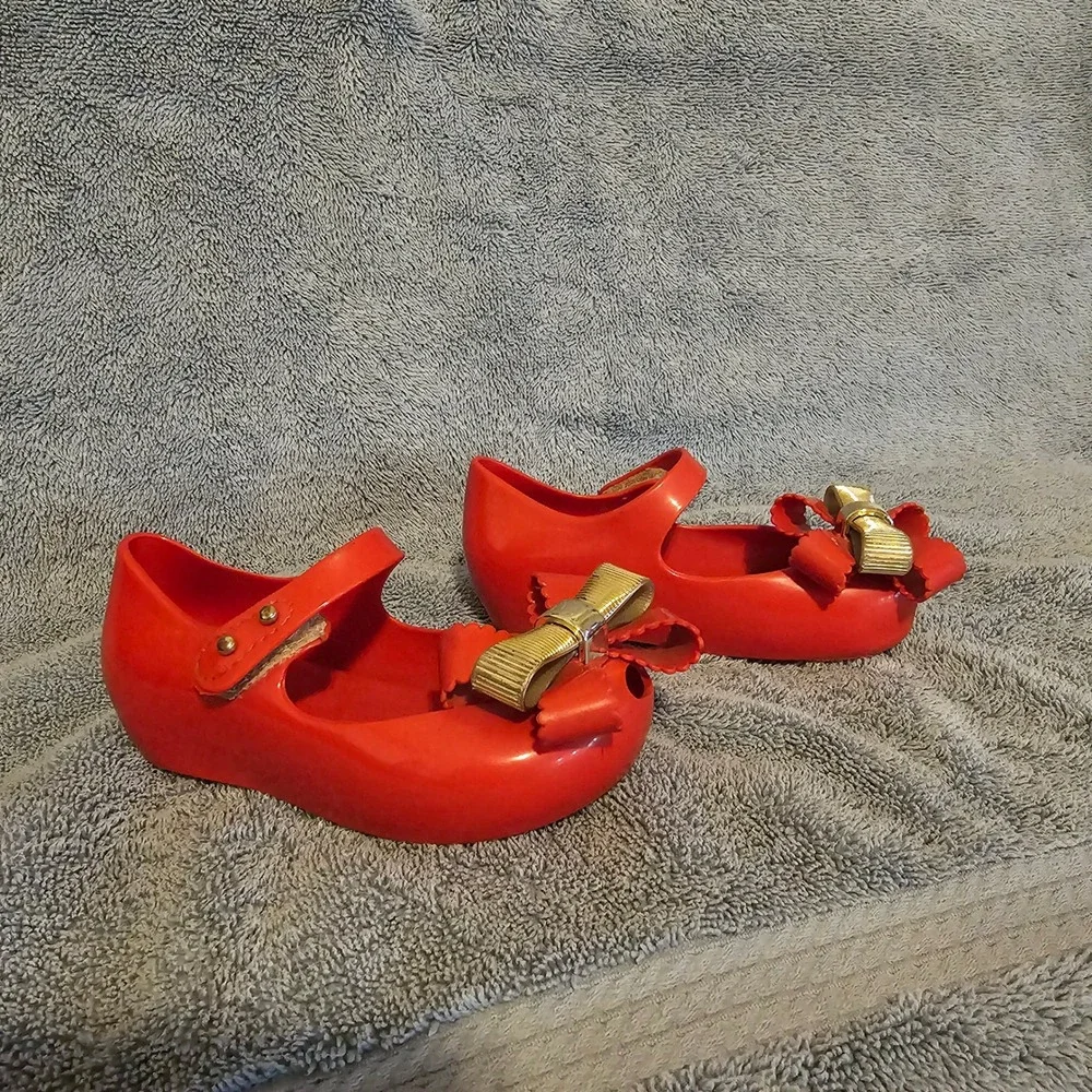 Mini Melissa Red Jelly Mary Jane Bow Shoes Gold Accents Toddler Size 7